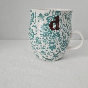 Anthropologie Homegrown Floral Teal Initial Monogram "d" Coffee Tea Mug